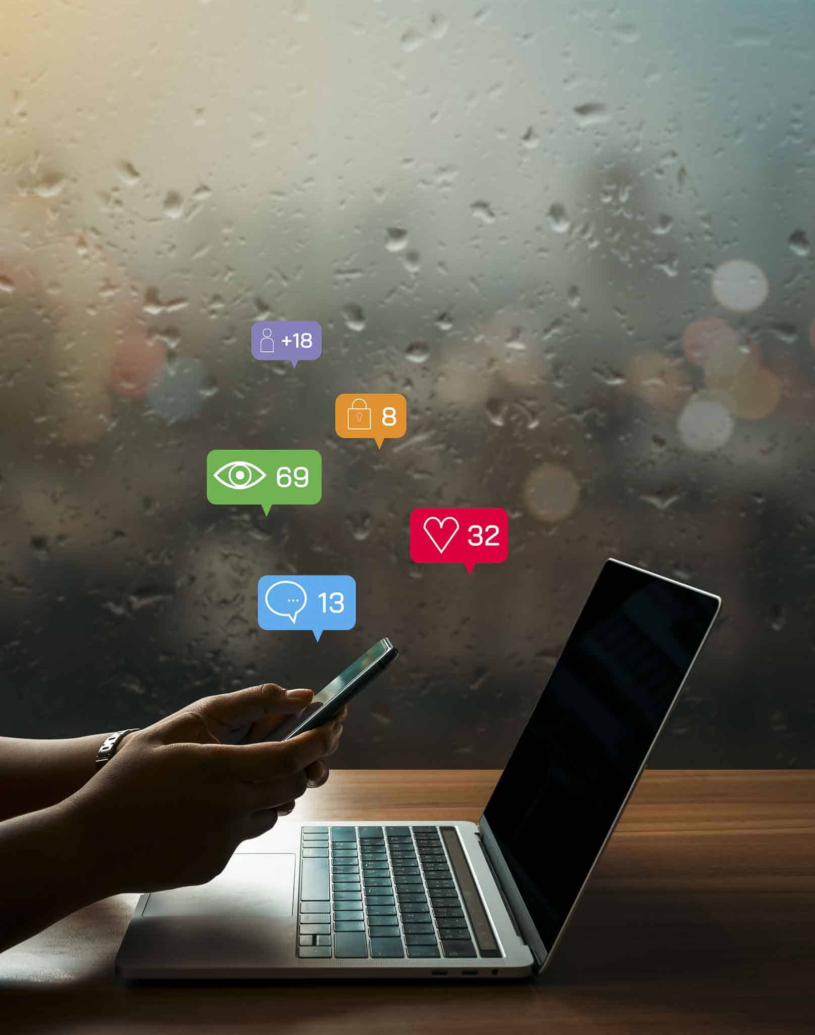 On a rainy day a businesswoman using smartphone for share information online with social media concept, business concept. design with copy space.